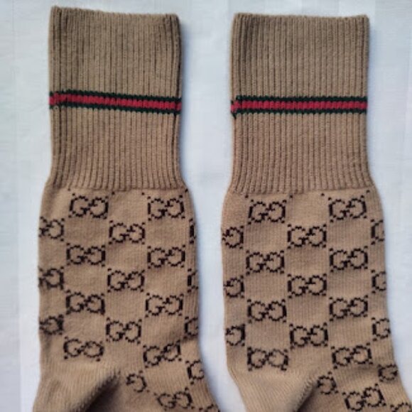 GUCCI | Web Stripe Camel Brown GG Logo Jacquard Knit Calf Socks Unisex Pre-Owned - Picture 9 of 11